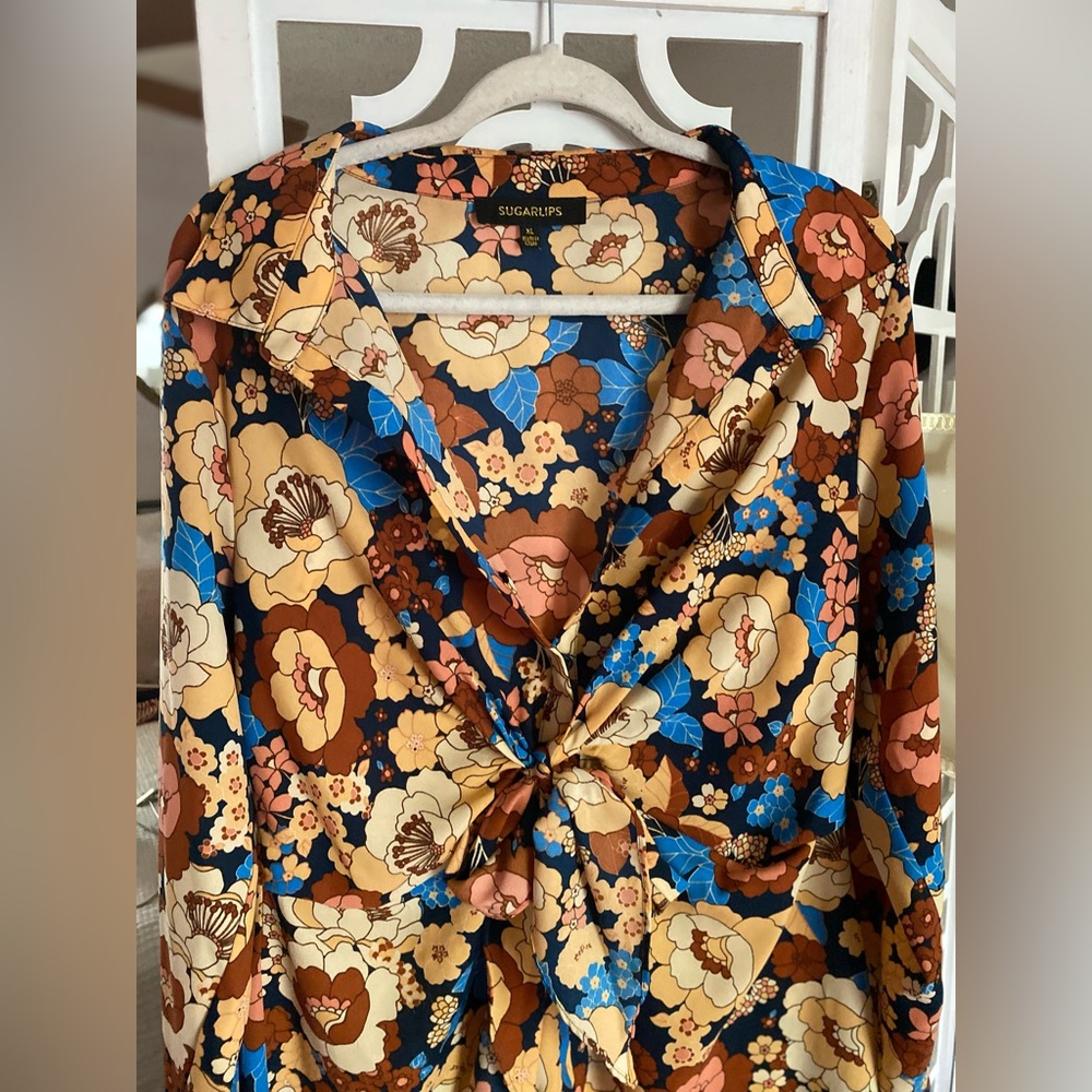 Sugarlips 70’s Floral Tie Front Dress V-neck Bishop Sleeve - XL